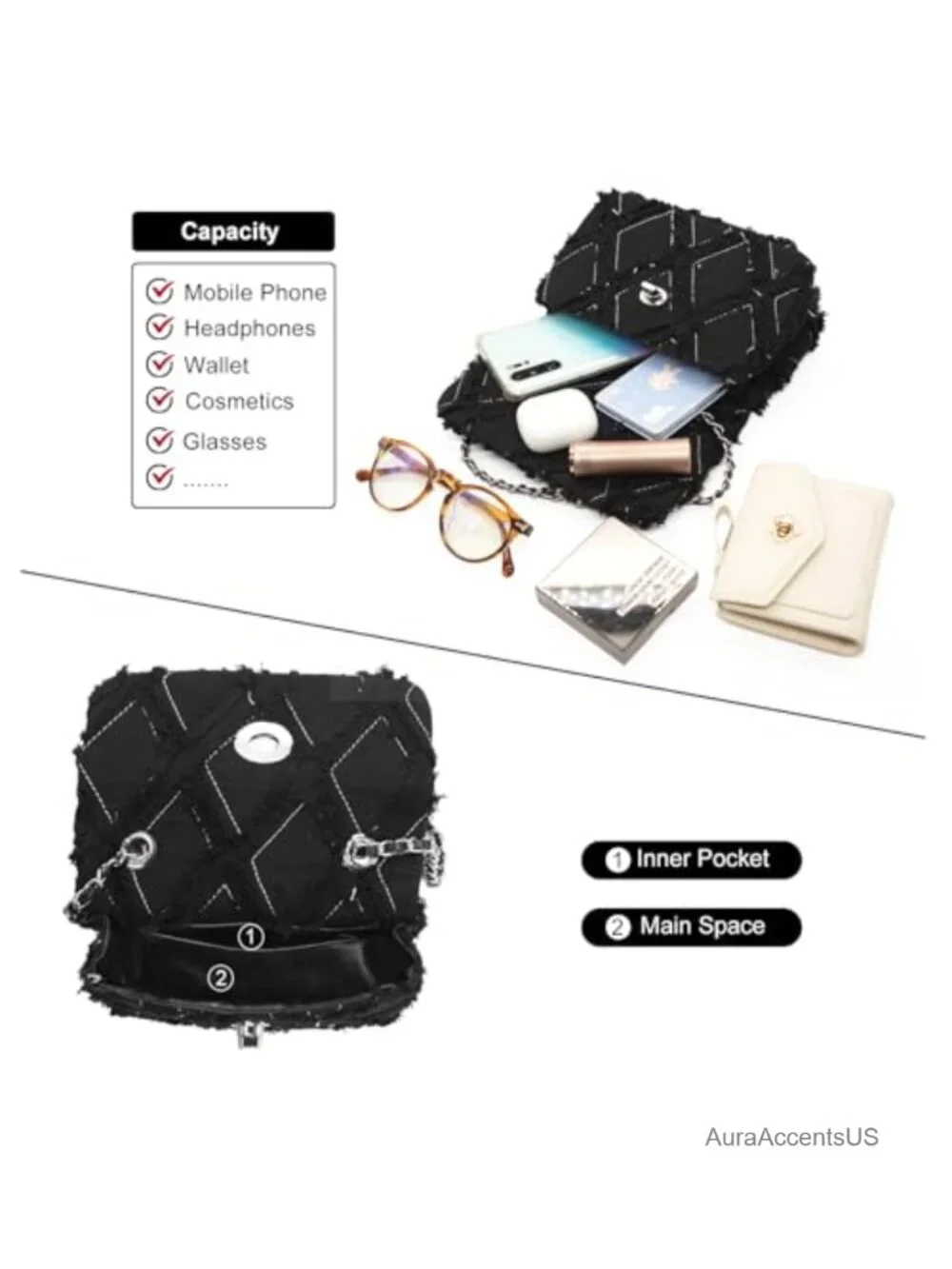 Denim Shoulder Bag Tassel Clutch Crossbody Handbag with Chain Strap